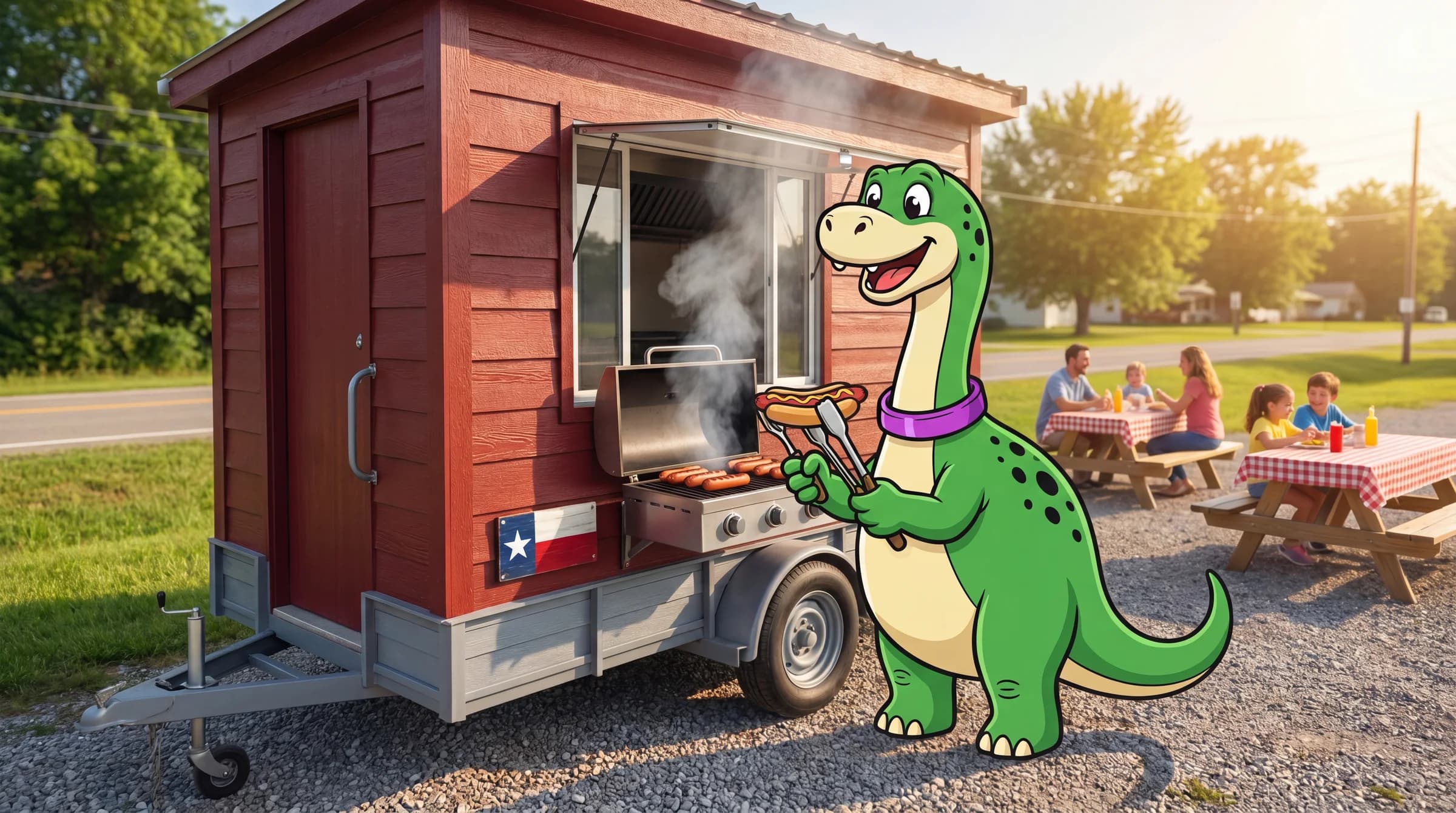 Green Yabba Dabba Dogs snorkasaurus mascot grilling hot dogs beside a roadside food truck